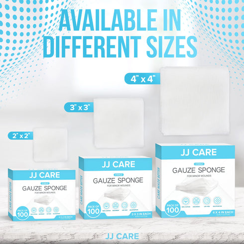 JJ CARE Sterile Gauze Pads 2" x 2" (Pack of 100), 12-Ply Cotton Gauze Pads, Individually-Wrapped Sterile Gauze Sponges, 100% Woven, Non-Stick Medical Gauze Pads for First Aid Kit & Wound Care